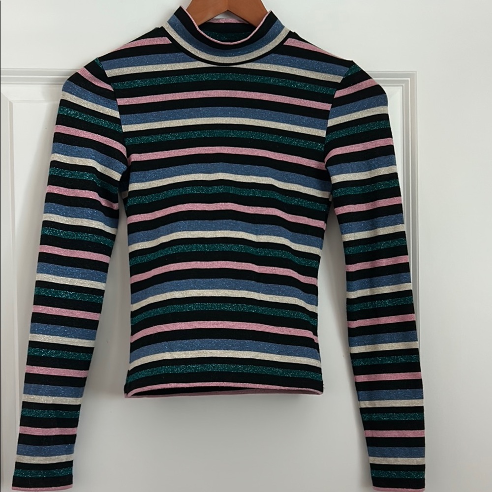 Glitzy Retro Muti Striipe Subtle Mockneck Long Sleeve Top